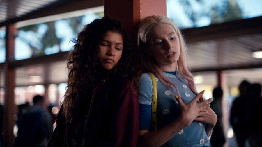 Zendaya and Hunter Schafer in a scene from season 1 playing Rue and Jules